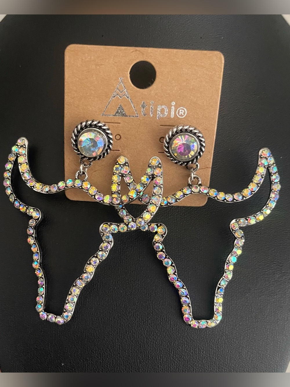 Iridescent Crystal Longhorn Earrings - Rainbow Rhinestones